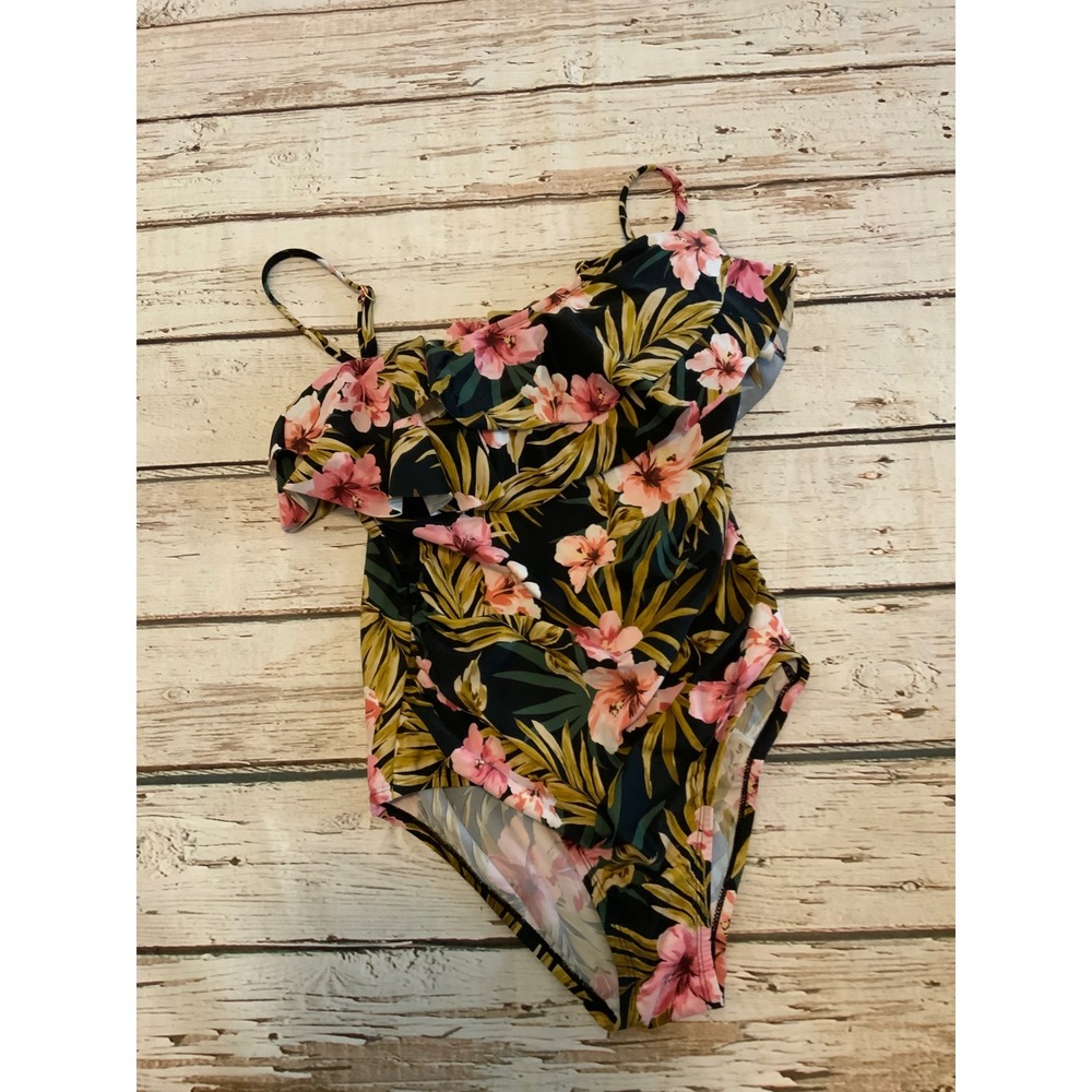 Kona Sol Womens Tropical Floral Ruffle One Piece Swimsuit Black Pink Size L